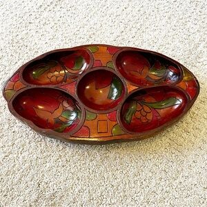 Vintage Mid Century Wooden Serving Bowl Snack Platter Boho Exotic Divided Carved